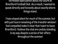 望加盟(méng)纽卡！維(wéi)萨公开声明：布伦特福德未能(néng)兑现诺言，请放我离开