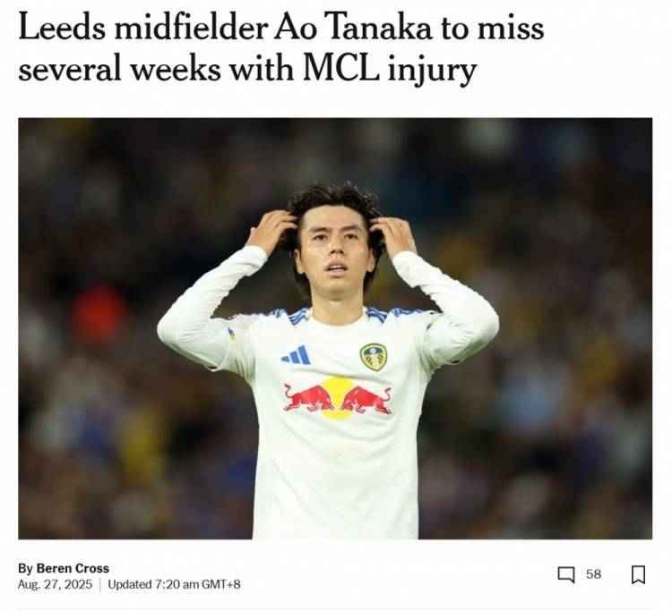 TA：利兹联中场田中碧内侧副韧带受伤，将伤缺数周时间