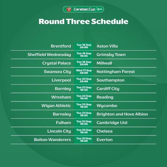 联赛杯第3轮开球时间：9月24日凌晨3点利物浦VS南安普顿